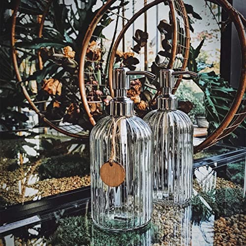 JASAI 2PACK 18 Oz Glass Soap Dispenser with Rust Proof Stainless Steel Pump, Refillable Hand Soap Dispenser with Vertical Stripe, Premium Bathroom soap Dispenser for Kitchen & Bathroom 6