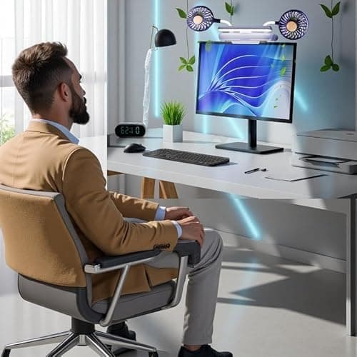 Reading stand lamp 3-Level Dimmable Clip-On desktop lights with Dual Gooseneck Fans, 360° Air Circulation Screen-Mounted Cooling Light for Office/Gaming Setup (Deepsea Blue)