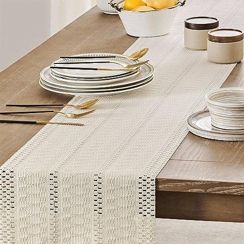 ZeeMart Macrame Style Boho Table Runner, Ivory Table Runners 72 Inches Long, Farmhouse Woven Home Decor, 12x72 Inch, Ivory 5