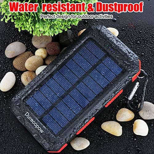 Durecopow Solar Charger Power Bank, 8000mAh Portable Outdoor Waterproof Solar Battery Charger, Camping External Backup Battery Pack USB C Ports Input/Output, 2 Led Light Flashlight with Compass (Red) 6