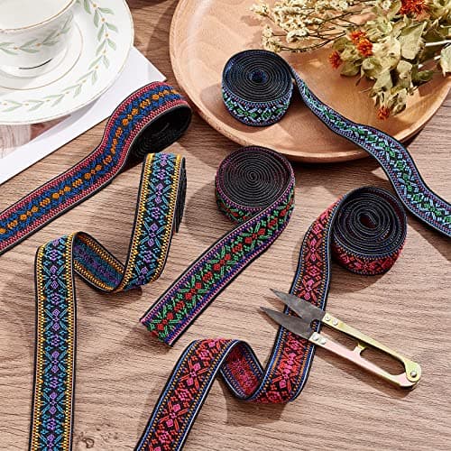 BENECREAT 5 Yards Elastic Woven Jacquard Ribbon - 5 Colors Boho Elastic Band 1" Ethnic Ribbon for DIY Craft Accessories Embellishment Decorations 5