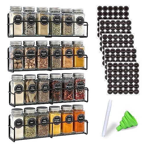 VITEVER Magnetic Spice Rack, 4 Pack, 24 Square Glass Jars with Lids, Quick-Find Pre-Printed Labels, Funnel, Space Saver, Refrigerator and Microwave Oven Organizer 7