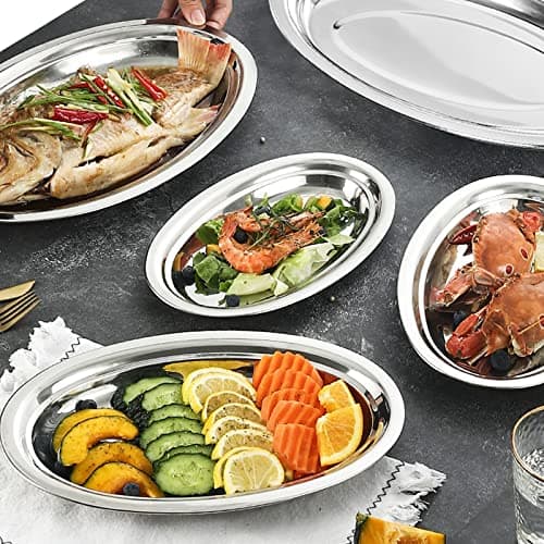 Suwimut 6 Pack Stainless Steel Oval Platter, Heavy Duty Mirror Polish Large Sizzling Platter Serving Tray Fish Plate for Steaming Fish Dessert Meat Sushi, 14-Inch by 8.7-Inch, Silver 5