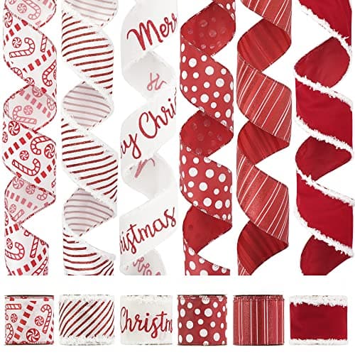 HUIHUANG Christmas Ribbon Wired Red and White Candy Cane Ribbon Red Tree Ribbons for Christmas Tree, Gift Wrapping, Wreaths, Garlands, Home Decor (2.5" Width, 36 Yards Total)