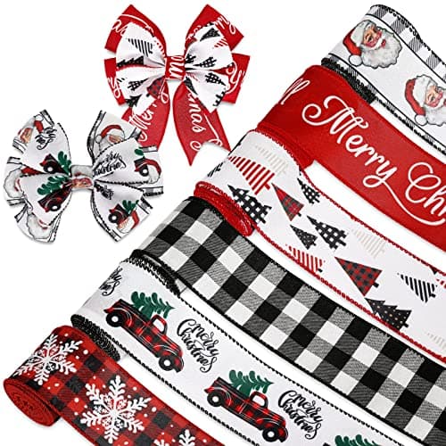 AnyDesign 36 Yards Christmas Wired Edge Ribbon 2.5 Inch Farmhouse Craft Ribbon Santa Xmas Tree Truck Snowflake Buffalo Plaids Fabric Ribbon for Gift Wrapping Wreath Bow Decor DIY Crafts, 6 Roll