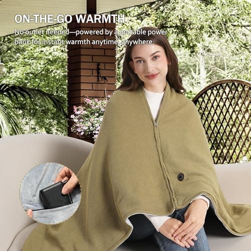 KSFJZF Heated Blanket with 20000mAh Power Bank - 58"X32" Green Knit & Gray Crystal Velvet, Rapid Heating, 3 Temps, Portable Cordless Heated Throw Shawl for Indoor & Outdoor Comfort (Green) 5