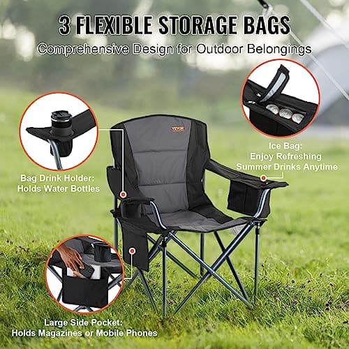 VEVOR Oversized Camping Folding Chair, Portable Heavy Duty Outdoor Quad Lumbar Back Padded with Side Pockets, Cup Holder and Cooler Bag for Beach, Lawn, Picnic, Fishing, Backpacking, Black 8