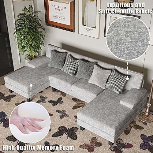 YESHOMY Convertible Sectional Sofa U-Shaped Couch with Soft Modern Cotton Chenille Fabric for Living Room, Oversized Seats with Comfortable Backrest, Gray 6