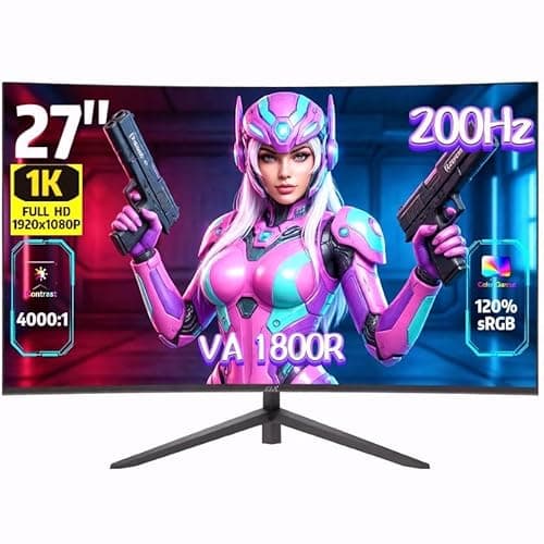 ZZA 27 Inch Curved Gaming Monitor 200Hz 180Hz 165Hz |1msMPRT |FHD 1080P Computer Monitor FreeSync|1800R|120% sRGB|HDR|Low Blue Light|HDMI DP Ports|VESA Mount|Metal Stand（No Speaker）