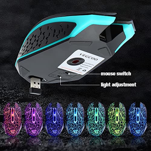 VEGCOO C10 Wireless Gaming Mouse Rechargeable Silent Optical Mice 7 Colors LED Lights, 7 Buttons 2400/1600/800DPI (Black) 5