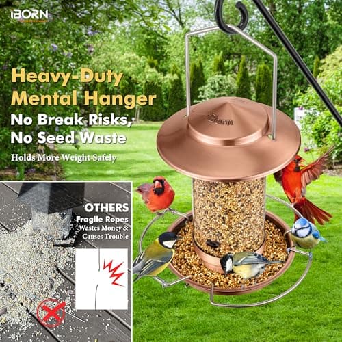 iBorn Bird Feeder Metal Squirrel Chew-Proof Bird Feeders for Outdoors Hanging Outside for Cardinal, Holds 1.5LB Seed with 3 Perchs, Brushed Copper (Seed is not Included) 5