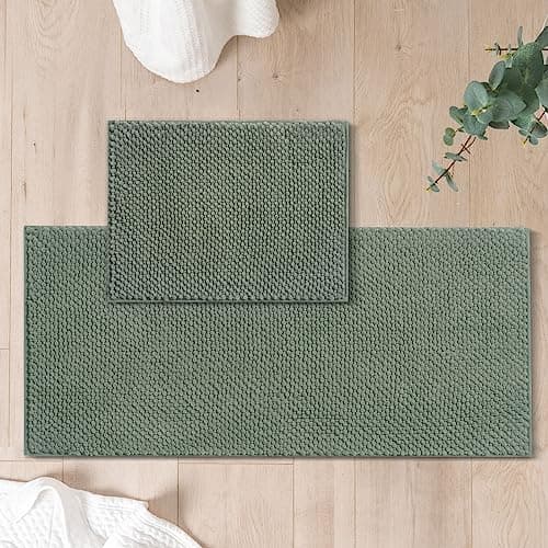 FRESHMINT Chenille Bathroom Rugs Set - 2 Piece 17"x24" + 20"x47", Non-Slip Bath Mats, Water Absorbent, Washable Shower Floor Mat, Sage Green