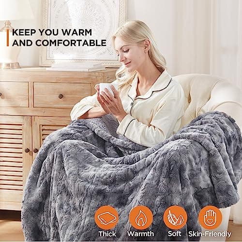 Westinghouse Electric Heated Throw Blanket, Faux Fur with 6 Heating Levels & Auto Off, Soft Cozy Sherpa Washable Blanket (50" x 60", Grey) 5