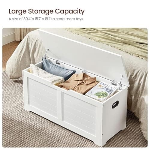 VASAGLE Storage Chest, Storage Bench with 2 Safety Hinges, Farmhouse Style, 15.7 x 39.4 x 18.1 Inches, for Entryway, Bedroom, Living Room, Cloud White ULSB061T10 5