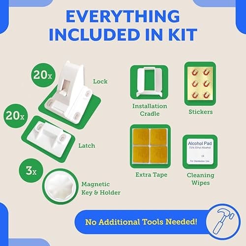 Magnetic Cabinet Locks for Babies (20 Pack Locks with 3 Keys), Eco Baby Baby Proofing Cabinet Locks, Child Locks for Cabinets Drawers Doors, Easy Installation No Tools Required 6