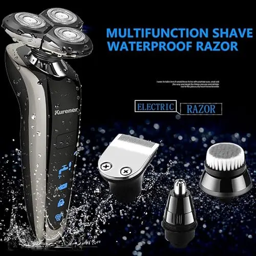 Kurener Electric Shaver Razor for Men Rechargeable 100% Waterproof Rotary for Shaving with Nose Trimmer Sideburns Trimmer Face Cleaning Brush 5