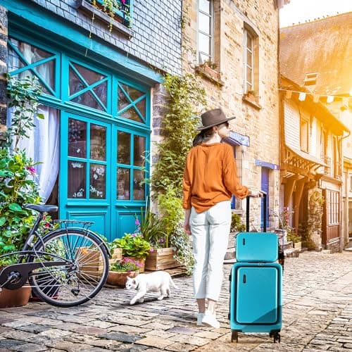 TRAVELARIM 20 Inch Carry On Luggage 22x14x9 Airline Approved, Carry On Suitcase with Wheels, Hard-shell Carry-on Luggage, Durable Luggage Carry-On, Teal Small Suitcase with Cosmetic Case 9