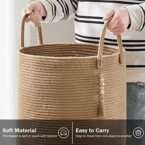 YOUDENOVA Jute Rope Laundry Hamper Basket, 58L Tall Woven Collapsible Baskets for Blanket Organizing Clothes Hamper for Laundry Bedroom Storage 7