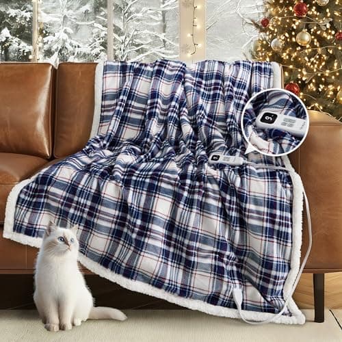 blunique Heated Blanket Electric Throw-50''x60''Ultra Soft Cozy Plaid Flannel Fast Heating Electric Blanket with 10 Heat Levels & 10 Hours Auto Off, ETL Certified, Keep Warm in Home Office (Tartan)