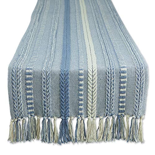 DII Farmhouse Braided Stripe Table Runner Collection, 15x72 (15x77, Fringe Included), Stonewash Blue