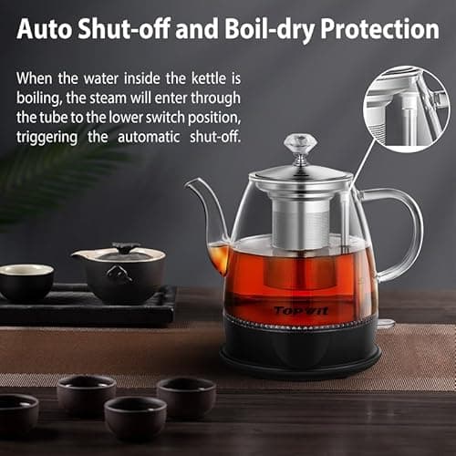 Topwit Electric Kettle Glass, For Hot Water, Tea and Coffee Dual Purpose Design, BPA-Free, 1L Pour Over Removable Stainless Steel Infuser, Auto-shut Off & Boil-dry Protect 7