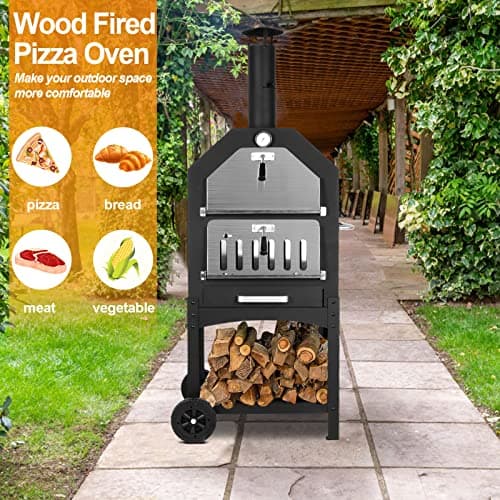 Outdoor Pizza Oven Wood Fired Pizza Oven Patio Portable Pizza Maker Cooking Grill with Wheels Waterproof Cover for Backyard Camping 6