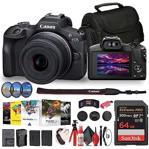 Canon EOS R100 Mirrorless Camera with 18-45mm Lens (6052C012) + Filters + Corel Photo Software + Bag + 64GB Card + LPE17 Battery + Charger + Card Reader + Flex Tripod + Cleaning Kit + More
