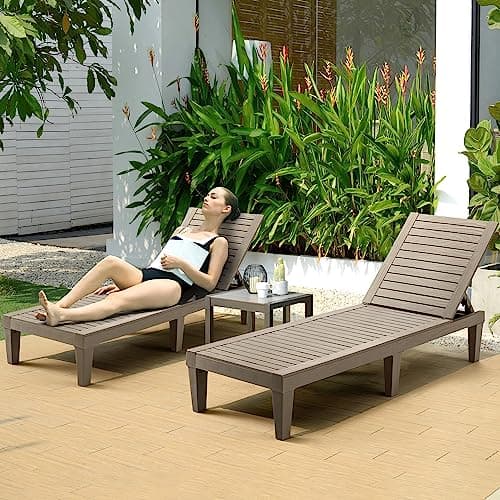 MELLCOM Outdoor Chaise Lounge Chairs Set of 2, All-Weather Patio Loungers with 5-Position Adjustable Backrest and Wood Texture Design, Reclining Chair for Patio, Garden, Beach, Poolside, Balcony 7