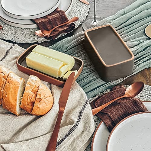 Mora Ceramic Two-in-One Butter Dish with Lid, Covered Butter Crock Container to Leave on Countertop - Large Storage Keeper/Holder for Kitchen, Gifts for Her, Butter Tray For Counter - Sesame Milk 5