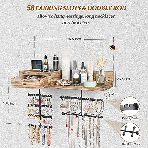VINAEMO Jewelry Organizer Hanging Wall Mounted Jewelry Holder with Rustic Wood Drawer & Large Capacity Storage Shelf Rack Display for Earrings Rings Necklaces Bracelet 5