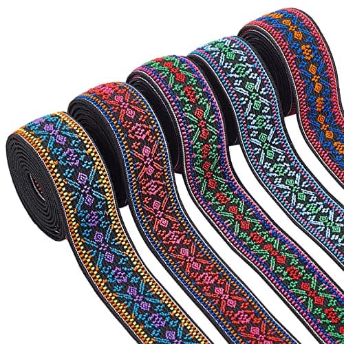 BENECREAT 5 Yards Elastic Woven Jacquard Ribbon - 5 Colors Boho Elastic Band 1" Ethnic Ribbon for DIY Craft Accessories Embellishment Decorations