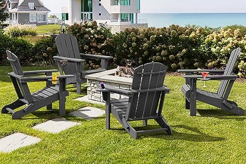 SERWALL Foldable Adirondack Chair, HDPE Adirondack Chair with Wood-Texture-Gray 9