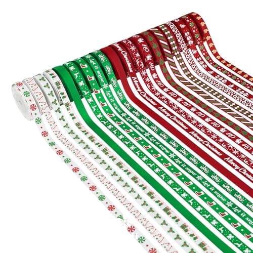 MEEDEE 3/8 inch 100 Yards Assorted Christmas Ribbon - Pack of 20 in Red, Green & White - Mix Grosgrain & Double Face Satin Ribbon for Holiday Décor, Gift Wrapping, Xmas Wreath Bow or Crafting Project