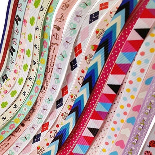 Chenkou Craft 20Yards Sweet Heart Flower Dot Ladybug Cake Bird Anchor Butterfly Grosgrain Ribbon Assorted Color (3/8" (10mm) Grosgrain Ribbons)