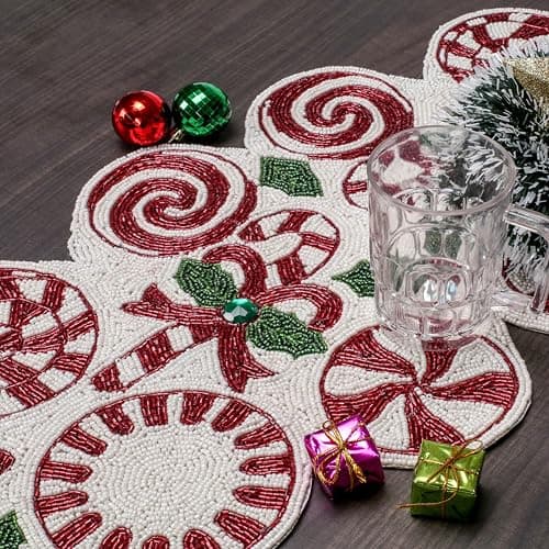 Luxury Beaded Runner 36 inch- Premium 13x36 Inch Candy Beaded & Polyester Christmas Beaded Runner - Decor for Home, Dining Tables, Weddings & Holiday Celebrations (White Red Green) - ALPHA Living HOME