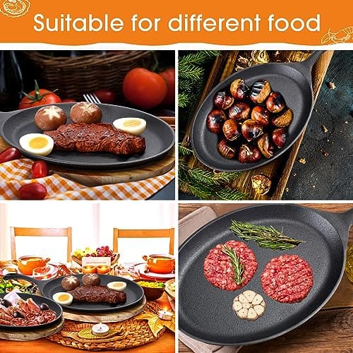Lallisa 2 Sets Cast Iron Fajita Plate Set Fajita Plate Pan with Wooden Tray Anti Scald Protection Hot Mitt Cast Iron Skillet Set for Home Barbecue Kitchen Party Restaurant Catering Service 6