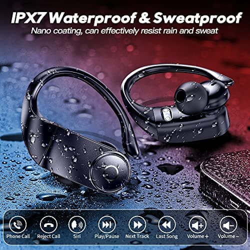 MOZOTER Earbuds Bluetooth Headphones with Earhooks[Solar Charging &Wireless Charging with LED Display][IPX7 Waterproof ] Wireless Over Ear Buds Built-in Mics Headset for Sport Running Workout-Black 7