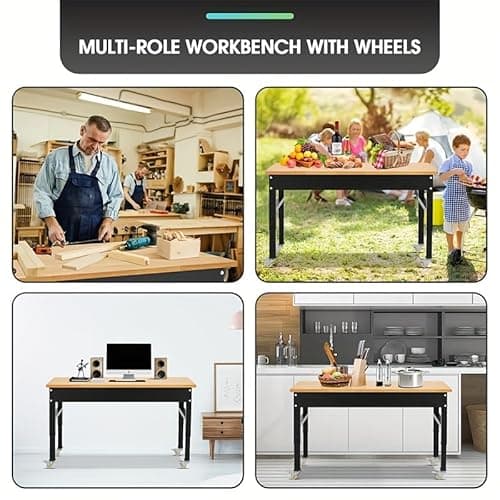 60" Adjustable Workbench, 2000 LBS Load Capacity Heavy Duty Workstation with Power Outlets, Rubber Wood Top Worktable for Garage, Office,Workshop, Commercial 7