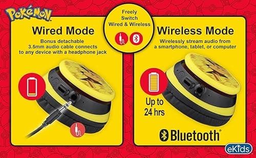 eKids Pokemon Kids Bluetooth Headphones, Wireless Headphones with Microphone Includes Aux Cord, Volume Reduced Kids Foldable Headphones for School, Home, or Travel,Yellow 5