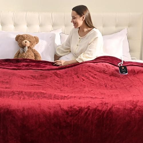 Bearhug Heated Electric Blanket - Flannel Electric Throw Heating Blanket with 6 Heat Settings Full Size 77×84 inches Red - Velvet,0.5-12H Auto Off, Over-Heat Protect, ETL, Machine Washable