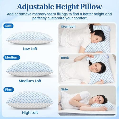 CloudBliss Shredded Memory Foam Pillow for Sleeping - Adjustable Cooling Pillow with Breathable Washable Cover, CertiPUR-US Certified, 1 Pack Queen Size for Side/Back/Stomach Sleepers 5