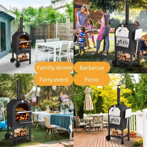 Outvita Outdoor Pizza Oven, Wood Fired Pizza Oven with Adjustable Chimney, Wheels, Pizza Stone, Pizza Peel, Grill Rack for Patio Cooking Picnic Party 7