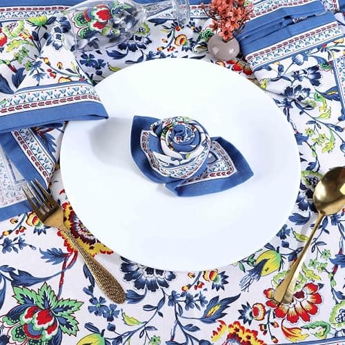 Fingercraft Cloth Napkins, Set of 12 Cotton Linen Blend Printed Dinner Napkins Cloth Mitered Corner Perfect for Parties Dinners Weddings Cocktail Christmas 20x20 Blue Floral 5