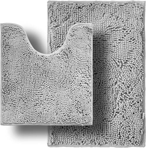 Flotstiga Bathroom Rugs Sets 2 Piece,Super Absorbent Soft,Thick,Machine Washable Chenille Bath Mat,Non Slip Toilet Floor Rug,Bath Mats for Bathroom,20x32 Plus 20x20 U Shape,Light Grey