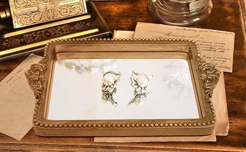 Hanna Roberts Vintage Gold Tray with Mirror Glass Base | Card Holder for Guests During Occasions and Events or Decorative Home and Vanity Organizer (Gold) 7