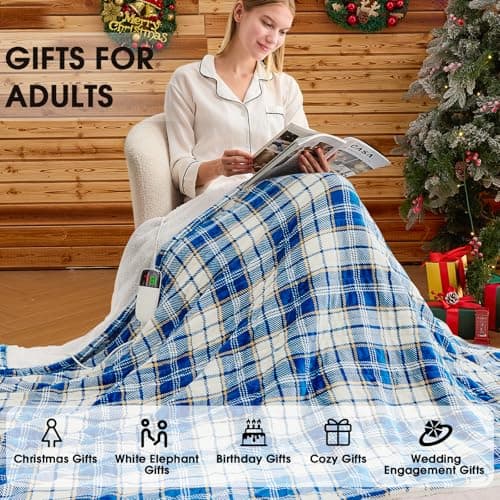 Heated Electric Blanket Queen Size, 84X90 Heating Blanket Queen with Dual Control&10 Heats Levels&Timer for Bed,Blue Plaid Sherpa Soft Blankets Warmer Gift for Grandma Women Adults, Washable 5