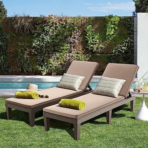 MELLCOM Outdoor Chaise Lounge Chairs Set of 2, All-Weather Patio Loungers with 5-Position Adjustable Backrest and Removable Cushions and Wood Texture Design, Reclining Chair for Beach, Poolside 8