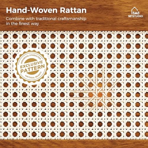 MFSTUDIO Queen Wood Bed Frame with Headboard, Rattan Bed Frames Solid Wooden Platform Bedframe Mid Century,No Box Spring Needed,Sturdy Natural Finish Classic Noise Free 5