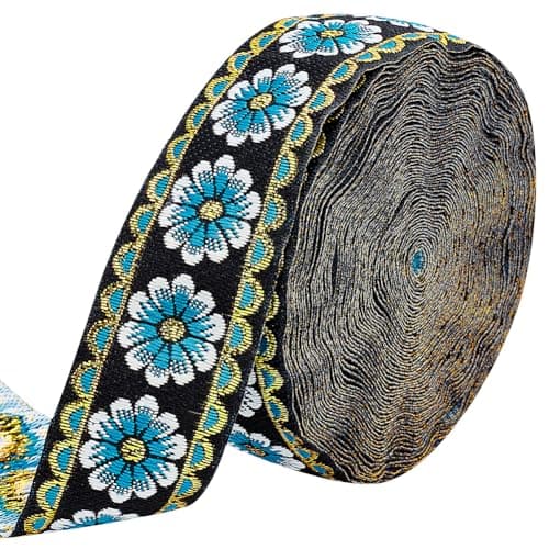 PH PandaHall 10 Yards Jacquard Trim Ribbon, 1.3 Inch Flower Fabric Fringe Polyester Woven Fabric Trim for DIY Sewing Crafting Embellishments Clothing Home Decor Gift Wrapping, Blue