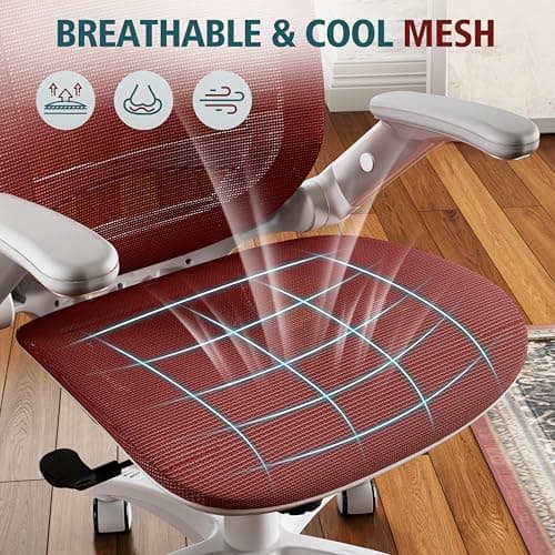 GABRYLLY Ergonomic Office Chair, High Back Home Desk Chair with Headrest, Flip-Up Arms, 90-120° Tilt Lock and Wide Cushion, 300LBS Mesh Chairs for Man Woman, White Task Chair(Red,GY01WR) 9